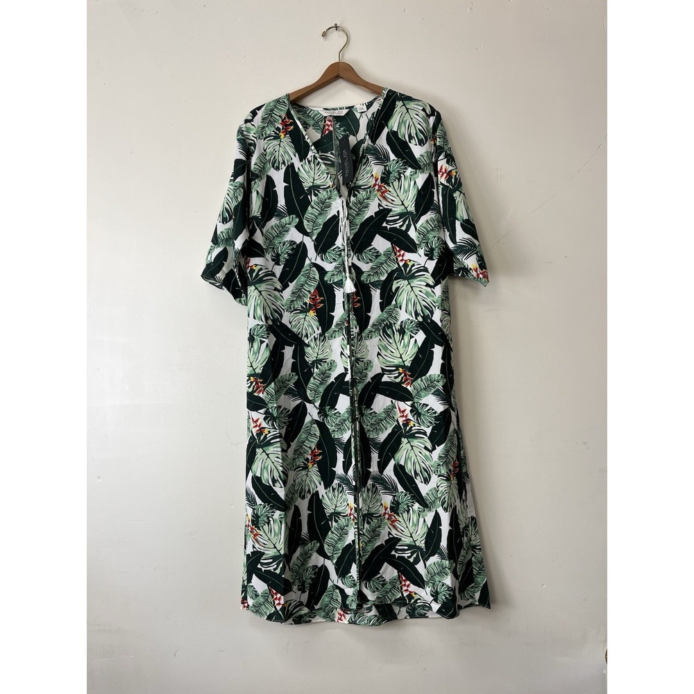 NWT Rachel Zoe Tropical Print Cover Up Green Caftan Open Long maxi robe duster